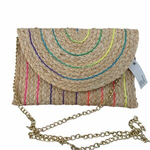 Sol and Mer Woven Straw Crossbody Clutch with Neon Stitching